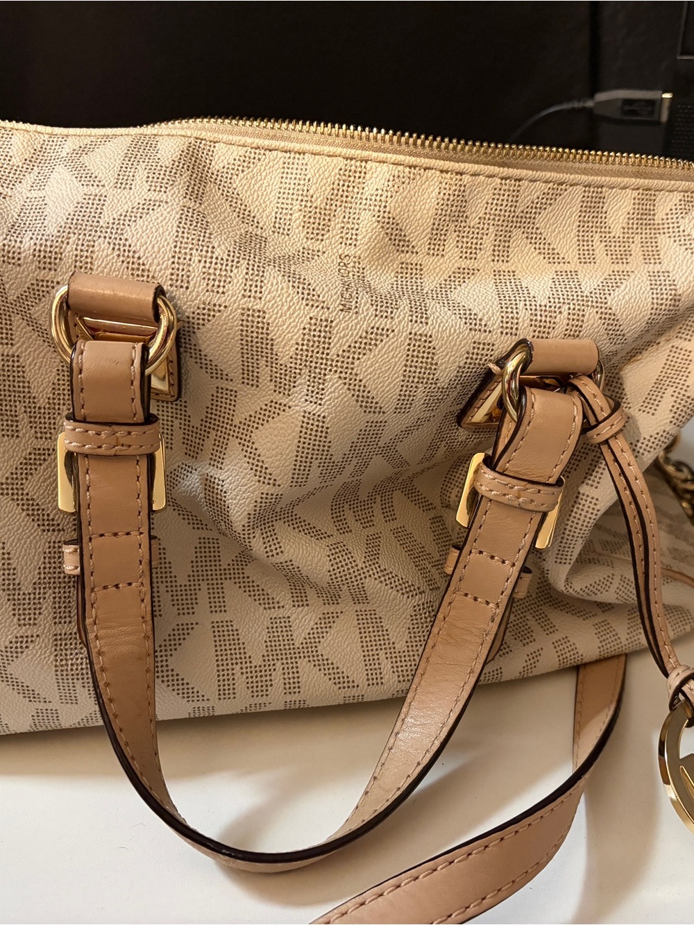 Michael Kors Beige Signature Crossbody Bag with Gold Hardware